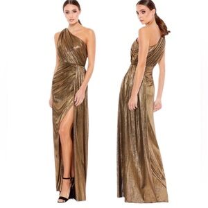 Mac Duggal METALLIC ONE SHOULDER GRECIAN DRESS style 26537 sz 12 antique gold